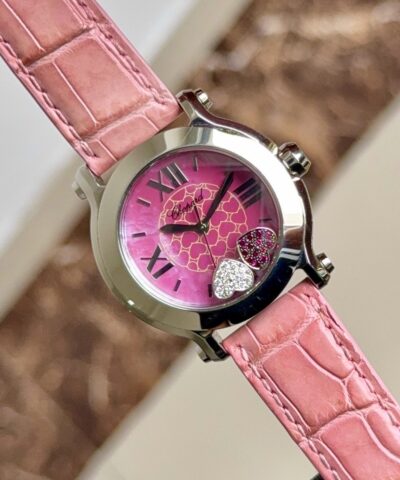 Đồng Hồ Chopard Happy Sport Diamond Ruby Heart Steel Pink Leather Ladies Watch Ref.278475 Cũ