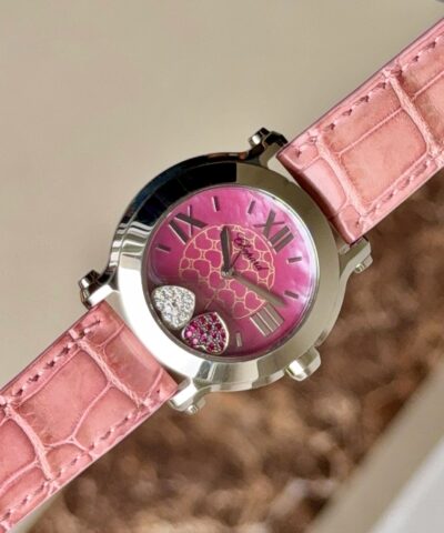 Đồng Hồ Chopard Happy Sport Diamond Ruby Heart Steel Pink Leather Ladies Watch Ref.278475 Cũ