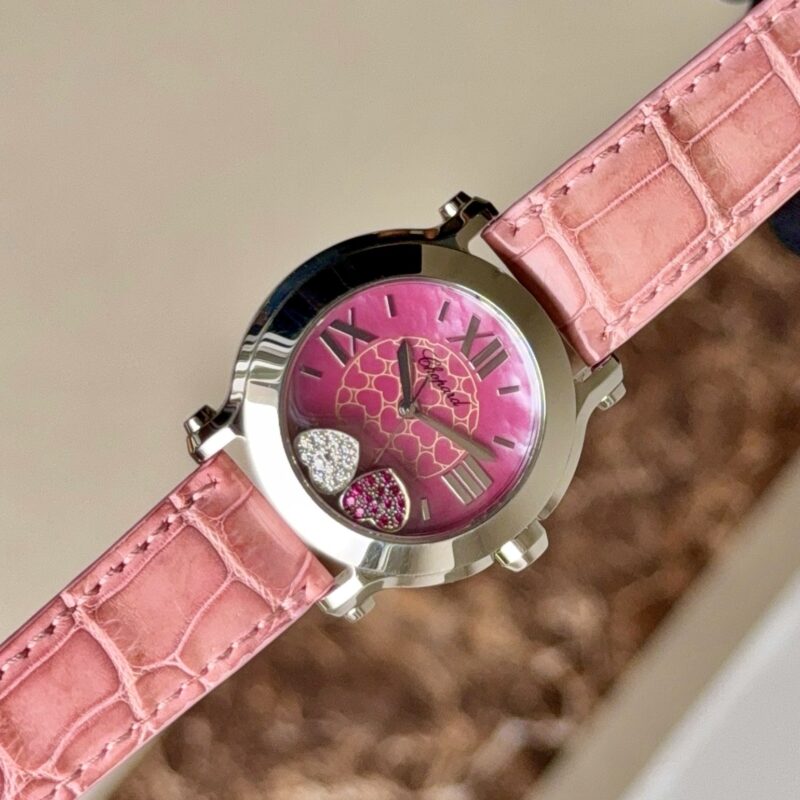 Đồng Hồ Chopard Happy Sport Diamond Ruby Heart Steel Pink Leather Ladies Watch Ref.278475 Cũ