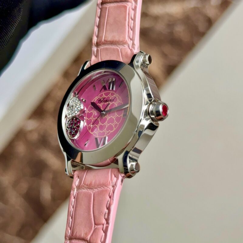 Đồng Hồ Chopard Happy Sport Diamond Ruby Heart Steel Pink Leather Ladies Watch Ref.278475 Cũ